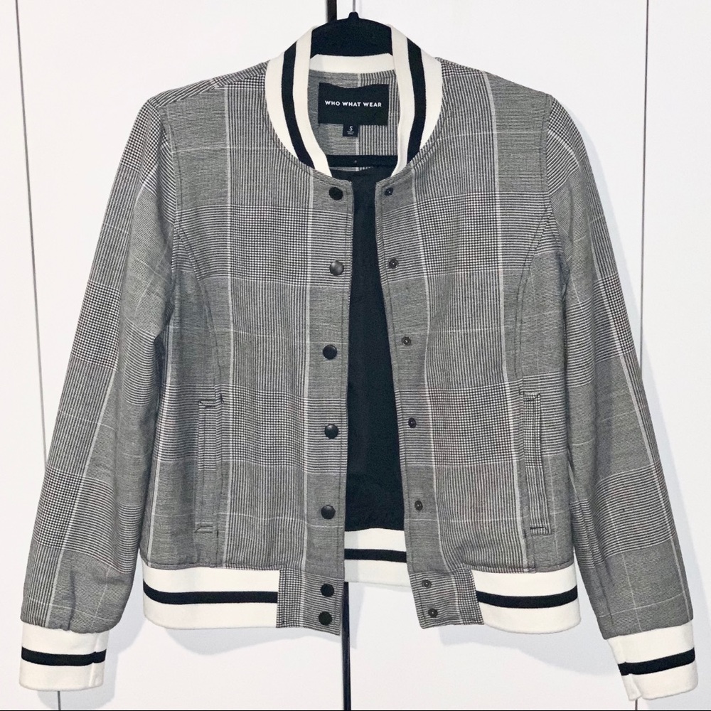 Who What Wear Bomber Jacket Black Plaid